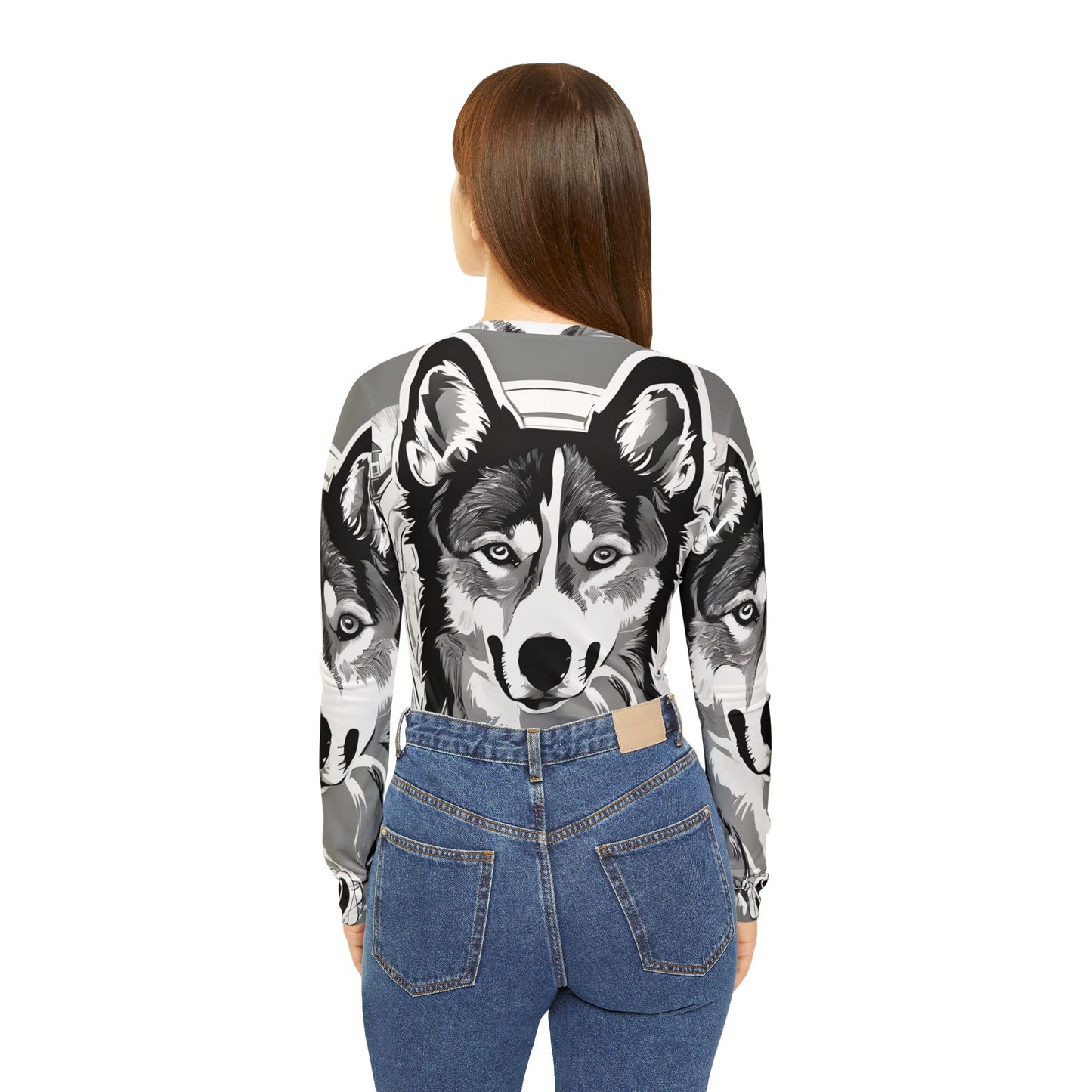 Women's Long Sleeve V-neck Shirt (AOP) - Black and White Husky Graphic