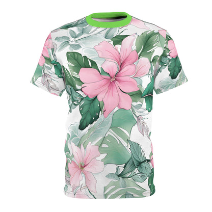 Translucent Green Leaves and Pink Flower Patterns Beach T-Shirt