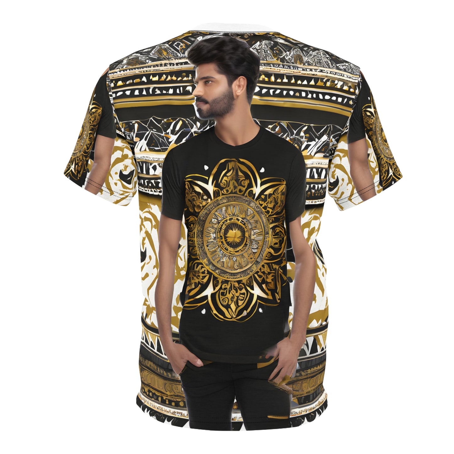 Majestic Elegance: Black & Gold Indian Pattern Tee