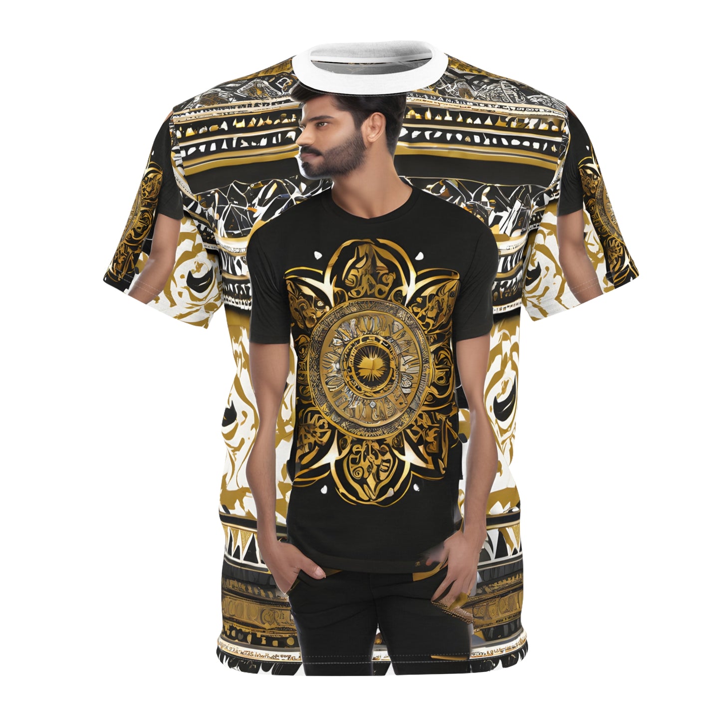 Majestic Elegance: Black & Gold Indian Pattern Tee