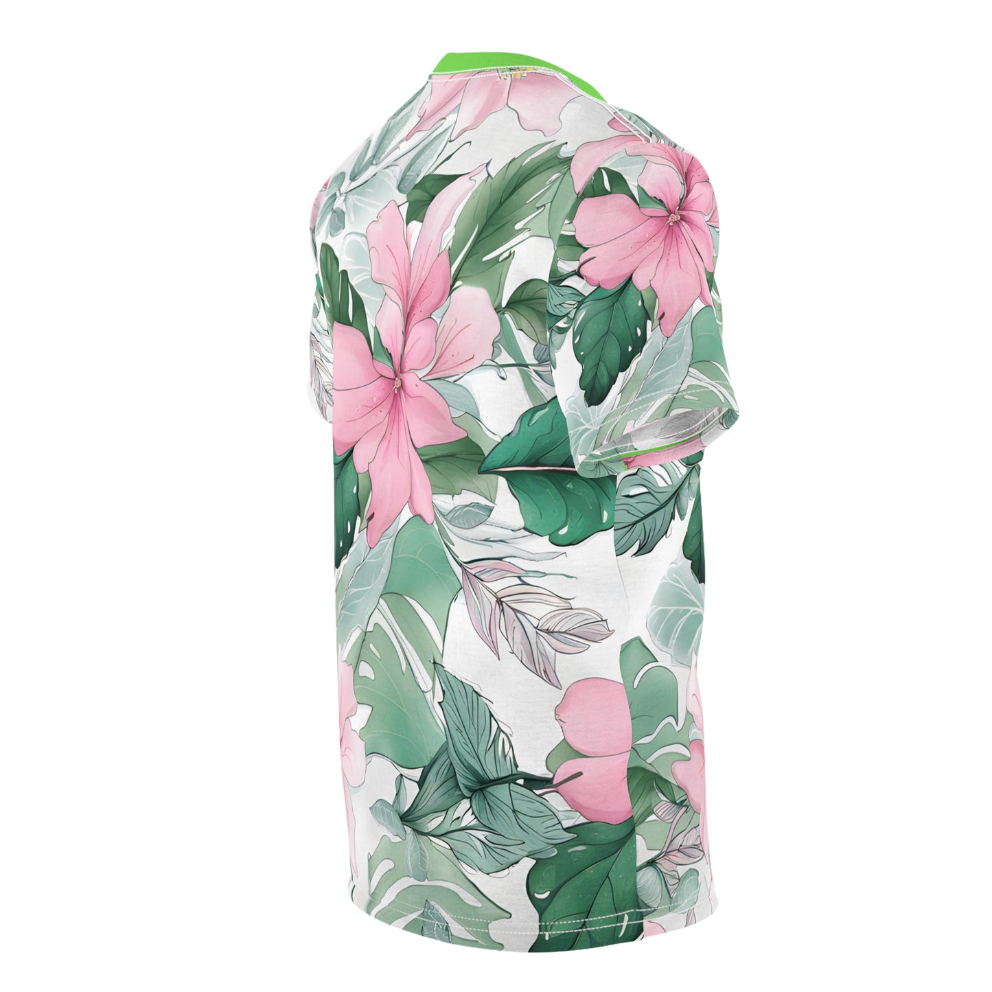 Translucent Green Leaves and Pink Flower Patterns Beach T-Shirt