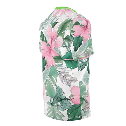 Translucent Green Leaves and Pink Flower Patterns Beach T-Shirt