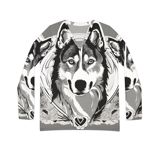 Women's Long Sleeve V-neck Shirt (AOP) - Black and White Husky Graphic