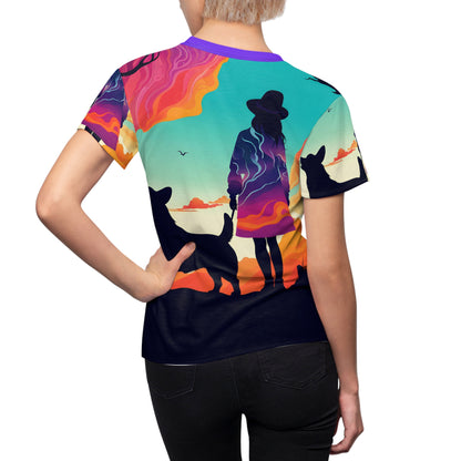 Vectorized Dreamscapes: Woman and Corgi Silhouette