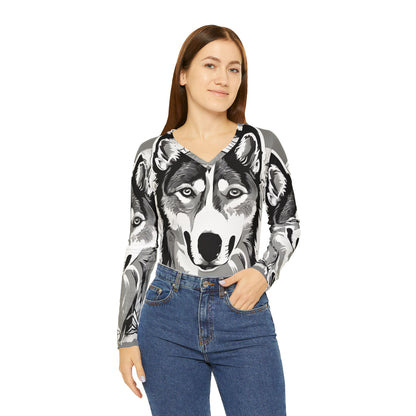 Women's Long Sleeve V-neck Shirt (AOP) - Black and White Husky Graphic