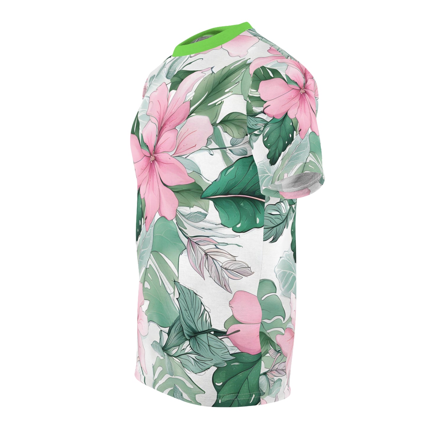 Translucent Green Leaves and Pink Flower Patterns Beach T-Shirt