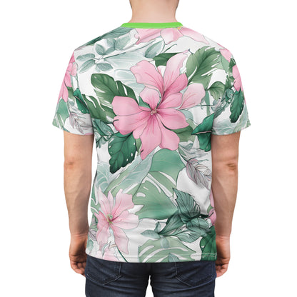 Translucent Green Leaves and Pink Flower Patterns Beach T-Shirt