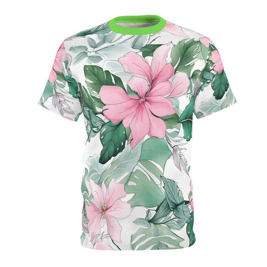 Translucent Green Leaves and Pink Flower Patterns Beach T-Shirt