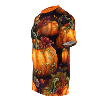 Hyper Realistic Halloween Pumpkin in Enchanted Field of Flowers