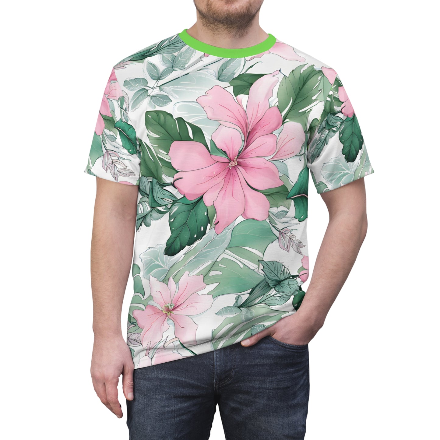 Translucent Green Leaves and Pink Flower Patterns Beach T-Shirt