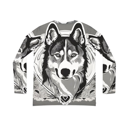 Women's Long Sleeve V-neck Shirt (AOP) - Black and White Husky Graphic